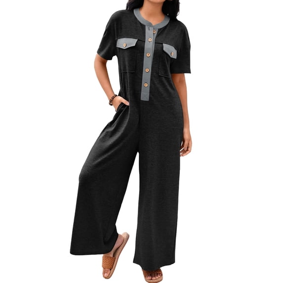 Summer Women Short Sleeve Button Down Casual Loose Wide Leg One Piece Jumpsuit