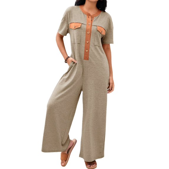 Summer Women Short Sleeve Button Down Casual Loose Wide Leg One Piece Jumpsuit