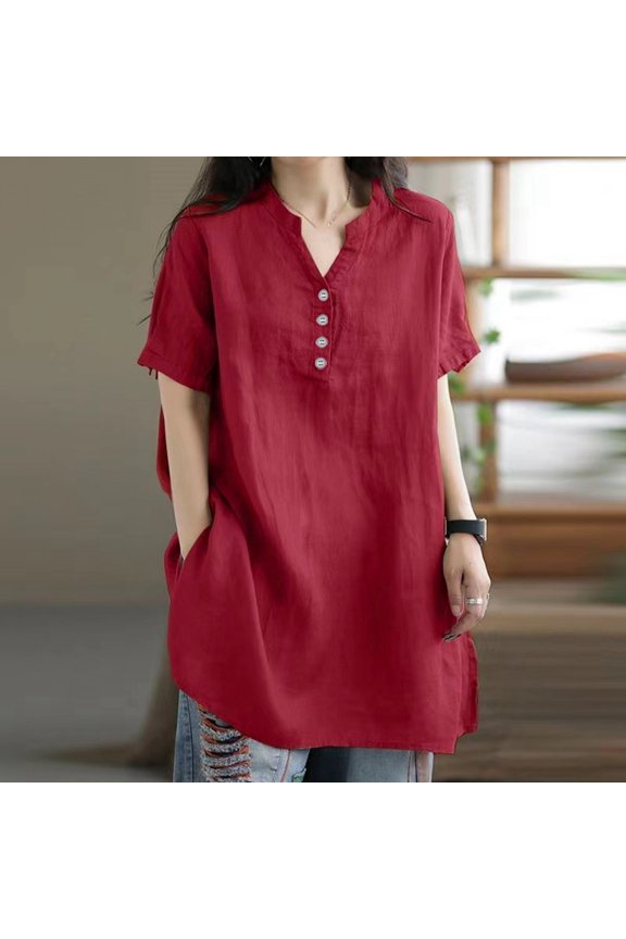 Summer Women Short Sleeve V Neck Button Down Casual Loose Long T Shirt Top Blouse Tech Pack Tops Loose Woman T Shirt Casual Long Sleeve Woman Shirts Womens Tee Shirts Short Sleeve Women T Shirt Stripe
