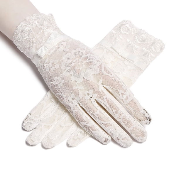 Summer Women Short Sunscreen UV Anti Slip Driving Lace Gloves Full Finger Sun Touch Screen Ladies Bow Dress Gloves White
