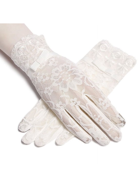 Summer Women Short Sunscreen UV Anti Slip Driving Lace Gloves Full Finger Sun Touch Screen Ladies Bow Dress Gloves White