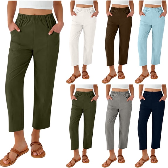 Swuxness Summer Women Solid Color Elastic Waist Linen Like Ankle Length Pants with Pockets