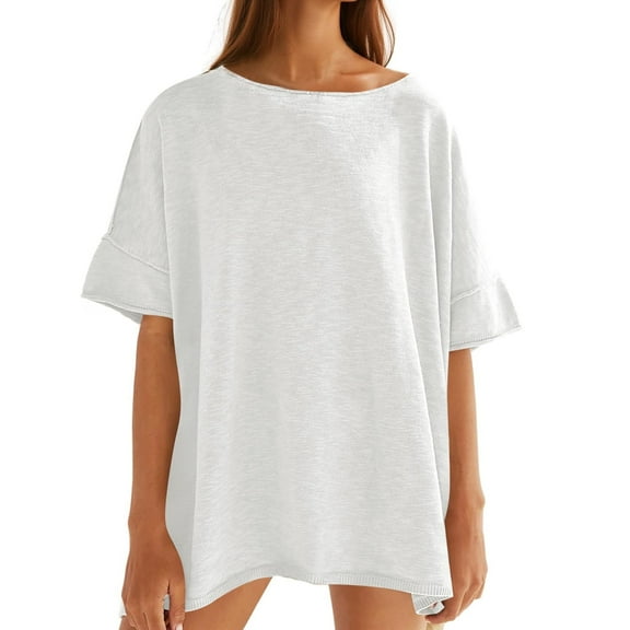 Summer Women Solid Color Loose Crew Neck Casual Shirt Short Sleeved Oversize Tee Tops