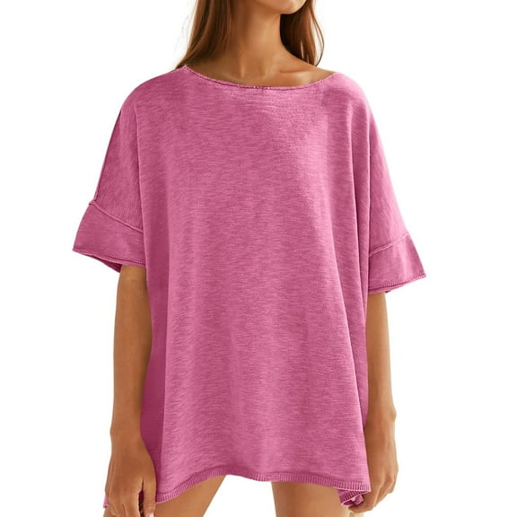 Summer Women Solid Color Loose Crew Neck Casual Shirt Short Sleeved Oversize Tee Tops