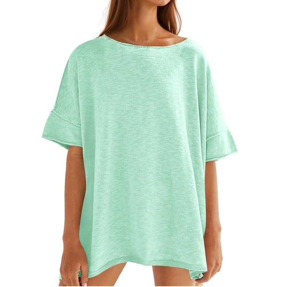Summer Women Solid Color Loose Crew Neck Casual Shirt Short Sleeved Oversize Tee Tops