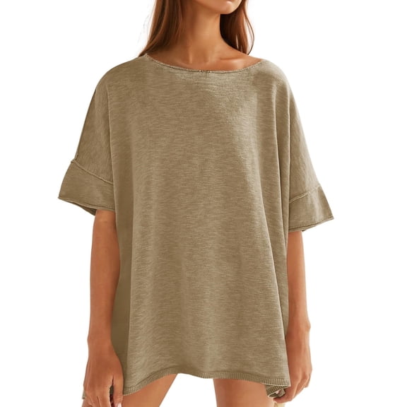Summer Women Solid Color Loose Crew Neck Casual Shirt Short Sleeved Oversize Tee Tops