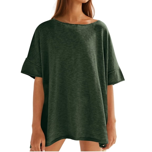 Summer Women Solid Color Loose Crew Neck Casual Shirt Short Sleeved Oversize Tee Tops