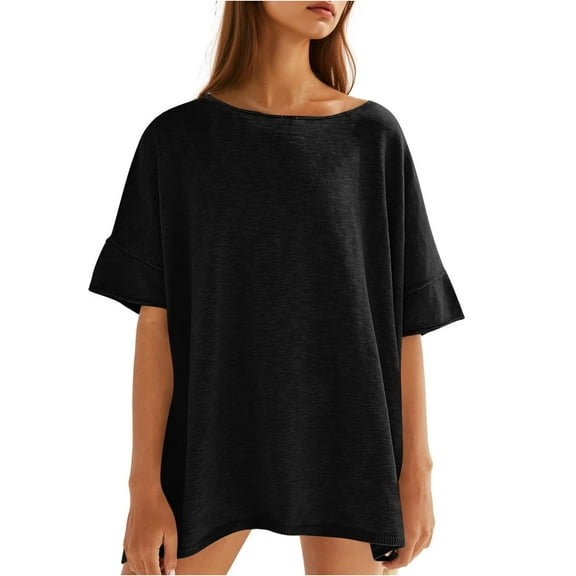 Summer Women Solid Color Loose Crew Neck Casual Shirt Short Sleeved Oversize Tee Tops