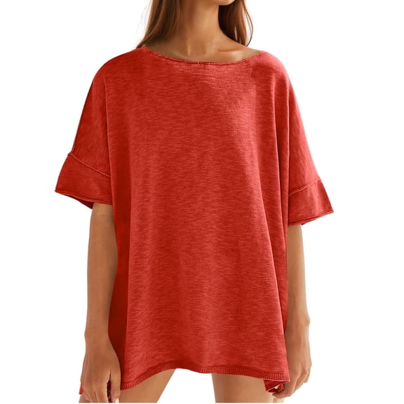 Summer Women Solid Color Loose Crew Neck Casual Shirt Short Sleeved Oversize Tee Tops