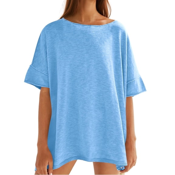 Summer Women Solid Color Loose Crew Neck Casual Shirt Short Sleeved Oversize Tee Tops