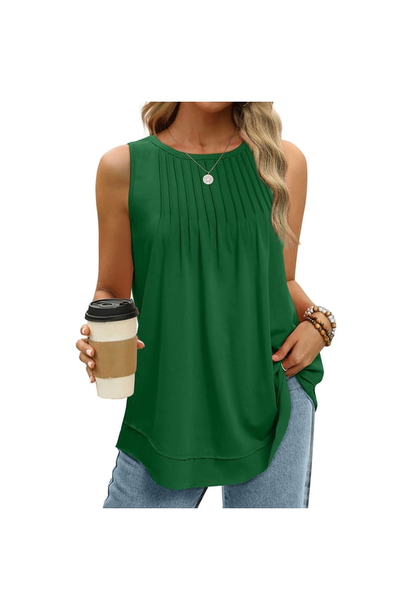 Summer Women Solid Color Round Neck Pocket Sleeveless Casual Tee Tank Top Loose Fit Plus Size Womens Blouse Basic Comfortable Fashion Tops Lightweight Breathable