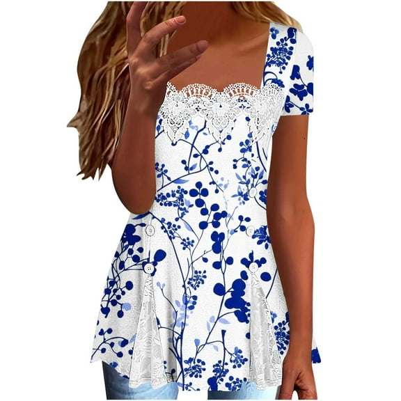 Summer Women Square Neck Short Sleeve Shirts Lace Tunic Tops Solid Basic Blouses Dressy Casual Tshirts Flowy Tops Elegant Loose Tunics