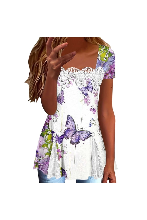Summer Women Square Neck Short Sleeve Shirts Lace Tunic Tops Solid Basic Blouses Dressy Casual Tshirts Flowy Tops Elegant Loose Tunics