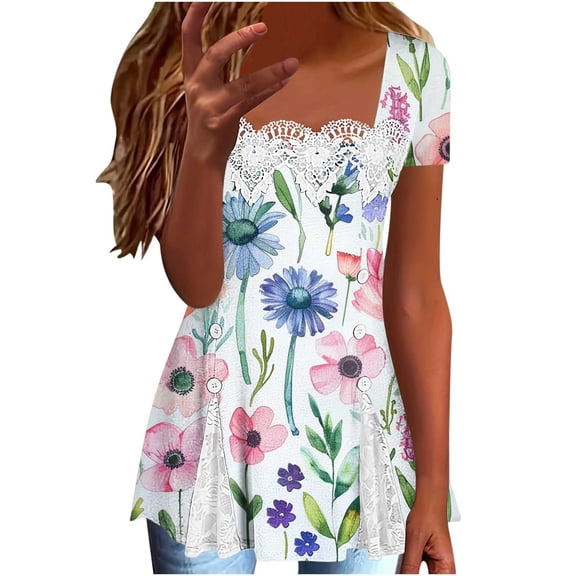 Summer Women Square Neck Short Sleeve Shirts Lace Tunic Tops Solid Basic Blouses Dressy Casual Tshirts Flowy Tops Elegant Loose Tunics