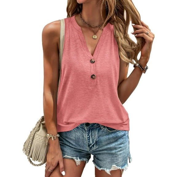 Summer Women Tank Tops Plus Size Solid Color Button V-Neck Sleeveless Wide Straps Blouse Tank Tops For Women Casual Loose Dressy Women Trendy Going Out Tops