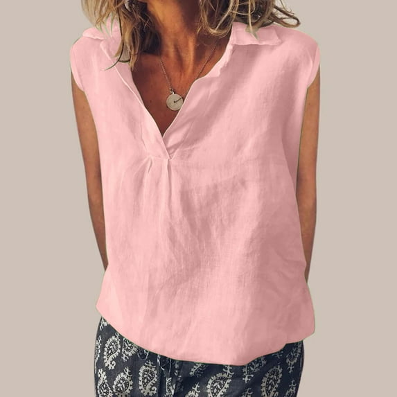 Summer Women Tank Tops Plus Size Solid Color Cotton Linen Sleeveless Pullover Blouse Shirt Turn Down Collar Cap Sleeve Casual Loose Going Out Tops For Women