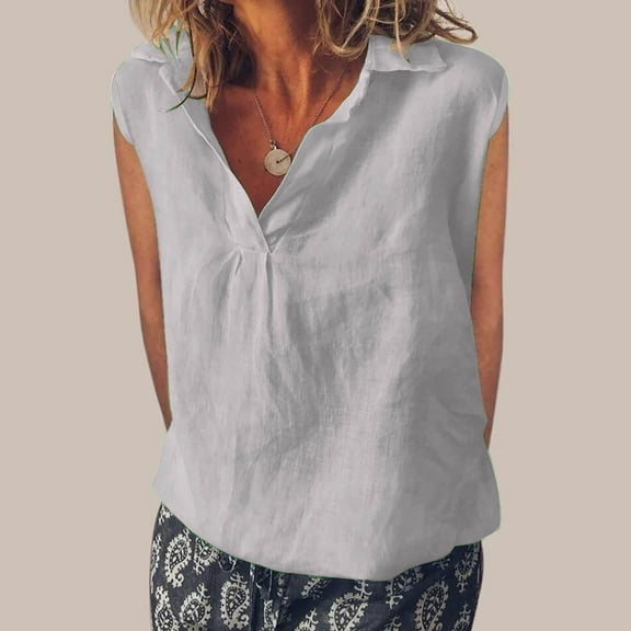 Summer Women Tank Tops Plus Size Solid Color Cotton Linen Sleeveless Pullover Blouse Shirt Turn Down Collar Cap Sleeve Casual Loose Going Out Tops For Women