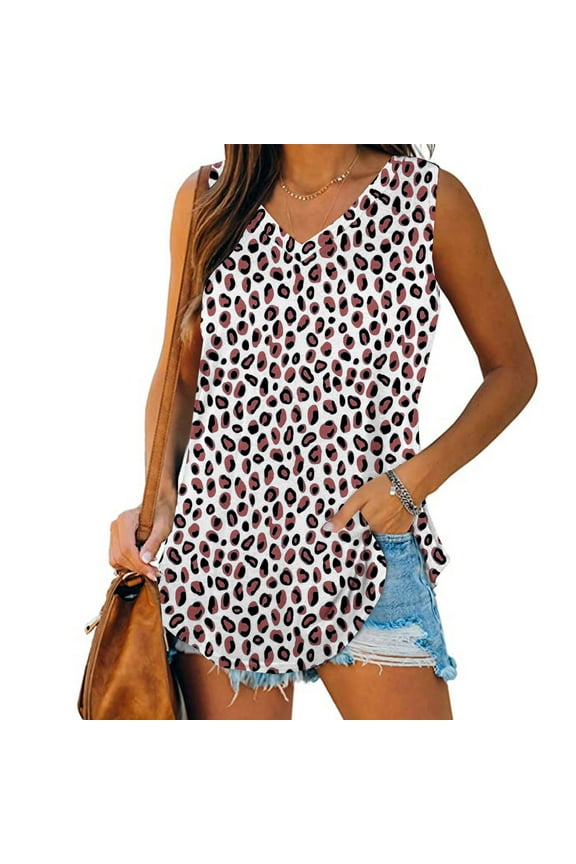 Summer Women Tank Tops Plus Size V-Neck Sleeveless Basic Leopard Print Pullover Blouse Shirt Casual Loose Fit Loungewear Going Out Tops For Women