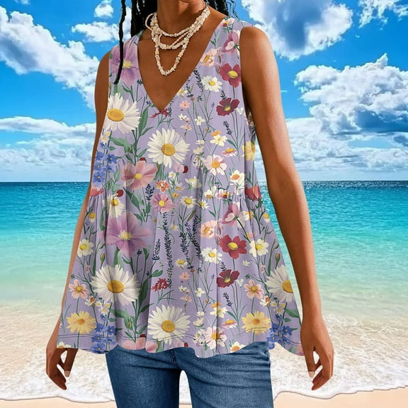 Summer Women Tank Tops Plus Size V-Neck Sleeveless Floral Printed Classic Pullover Blouse Shirt Casual Loose Dressy Going Out Tops For Women