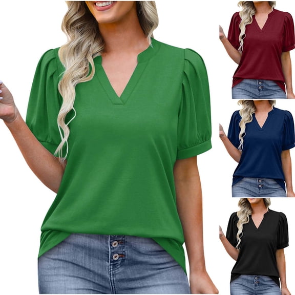 Summer Women Tops New Fashion Plus Size Casual Oversize Solid V-neck Puff Sleeve Short Sleeved Blouse T-shirt