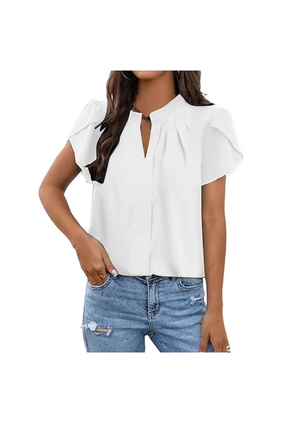 Summer Women Tops New Fashion Plus Size Casual Scooped Neck Short Sleeve V Neck Blouse Tshirts Trendy Pleated Tunic