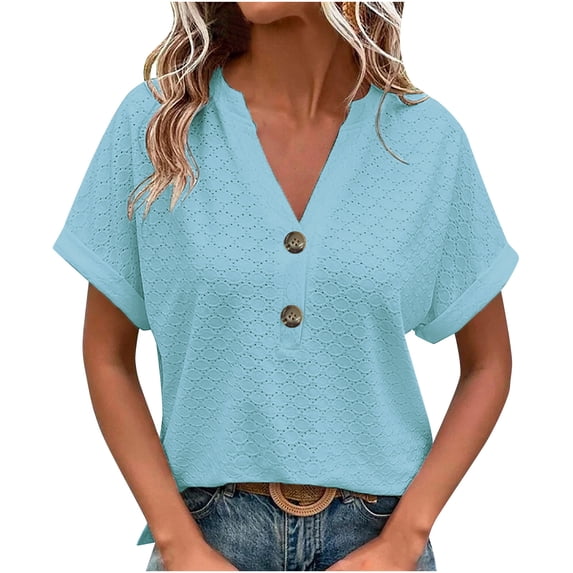 Summer Women Tops New Fashion Plus Size Casual Solid Color Button V-neck T-shirt Short Sleeved V-neck Top/shirt