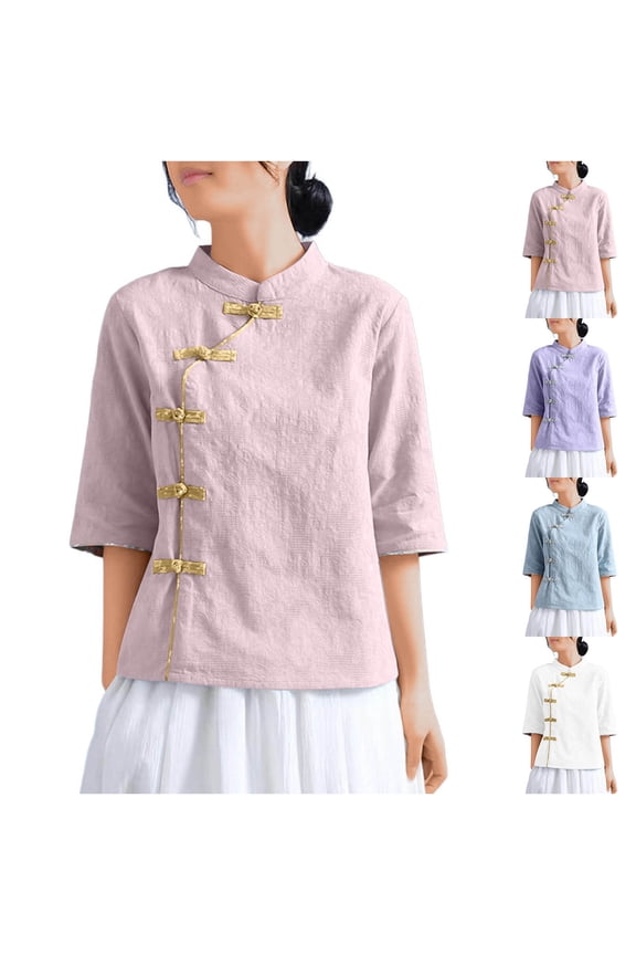 Summer Women Tops New Fashion Plus Size Mid-length Sleeve Buttoned Solid Color Casual Top