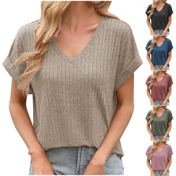 Summer Women Tops New Fashion Plus Size Solid Color V-neck Stripe Knitted Short Sleeved With A Slit At The Hem