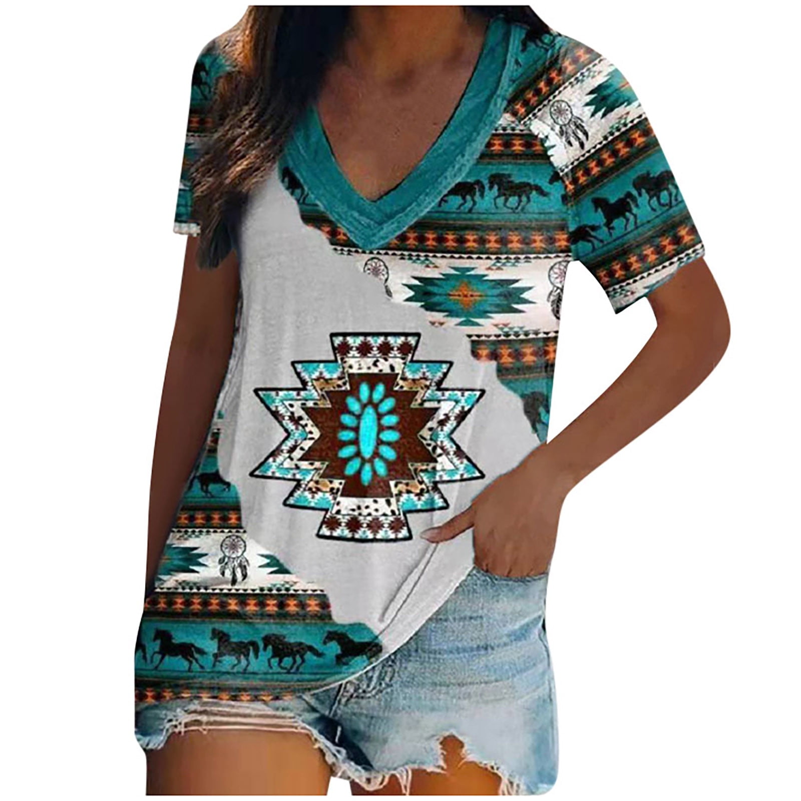 Summer Women Tops Western Aztec Ethnic Print Tshirt Sexy Trendy Casual ...