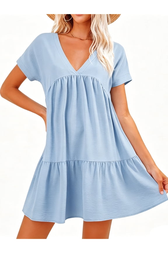 Summer Women V Neck Flowy Babydoll Dresses Short Sleeve Swing Shift Loose Casual Mini Dress
