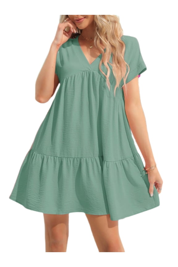 Summer Women V Neck Flowy Babydoll Dresses Short Sleeve Swing Shift Loose Casual Mini Dress