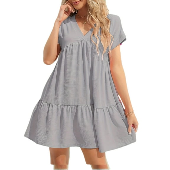 Summer Women V Neck Flowy Babydoll Dresses Short Sleeve Swing Shift Loose Casual Mini Dress