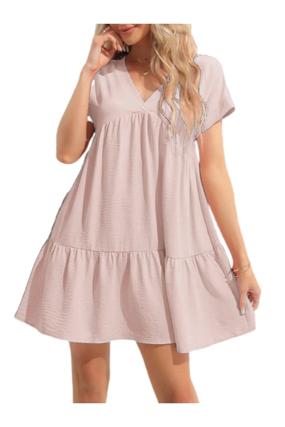 Summer Women V Neck Flowy Babydoll Dresses Short Sleeve Swing Shift Loose Casual Mini Dress
