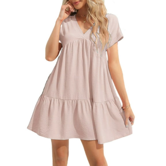 Summer Women V Neck Flowy Babydoll Dresses Short Sleeve Swing Shift Loose Casual Mini Dress