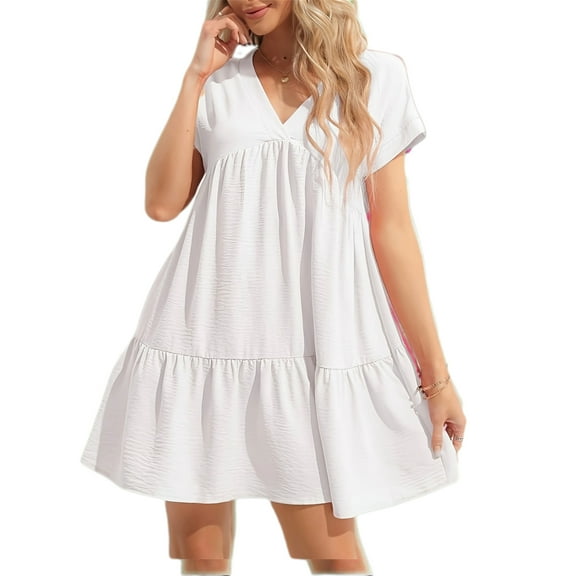 Summer Women V Neck Flowy Babydoll Dresses Short Sleeve Swing Shift Loose Casual Mini Dress
