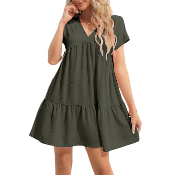 Summer Women V Neck Flowy Babydoll Dresses Short Sleeve Swing Shift Loose Casual Mini Dress