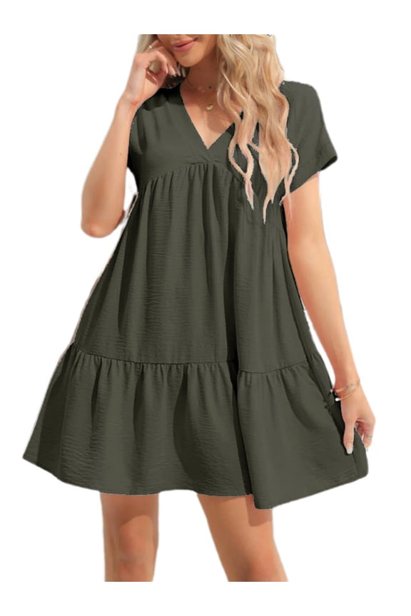 Summer Women V Neck Flowy Babydoll Dresses Short Sleeve Swing Shift Loose Casual Mini Dress