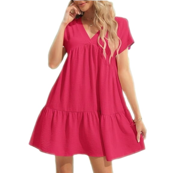 Summer Women V Neck Flowy Babydoll Dresses Short Sleeve Swing Shift Loose Casual Mini Dress
