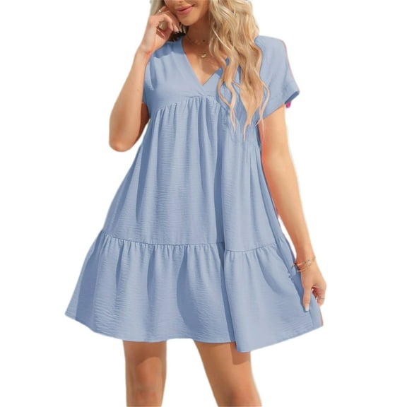 Summer Women V Neck Flowy Babydoll Dresses Short Sleeve Swing Shift Loose Casual Mini Dress