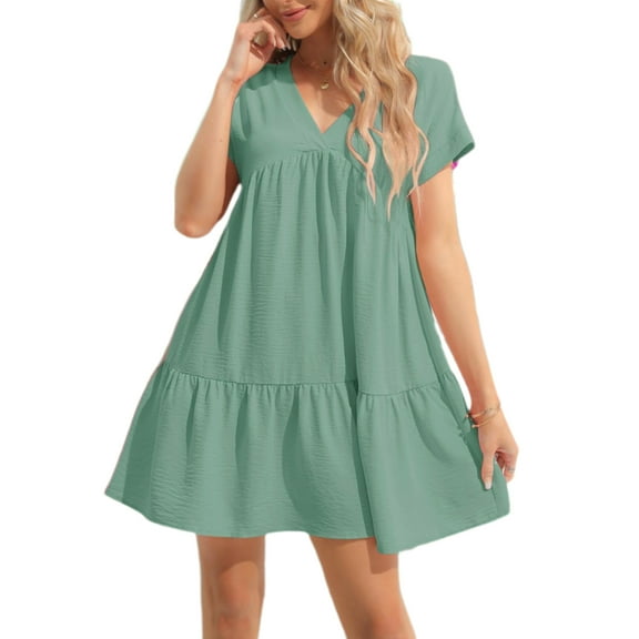 Summer Women V Neck Flowy Babydoll Dresses Short Sleeve Swing Shift Loose Casual Mini Dress