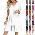 thumbnail image 1 of Summer Women V-Neck Short Dress Summer Fashion Solid Color Short Sleeve Above Knee Ruffle Dress Women' Size L White Loose-Fit Casual Swing Dress, 1 of 9