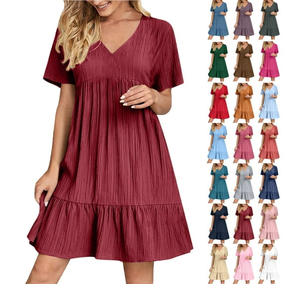 Summer Women V-Neck Short Dress Summer Fashion Solid Color Short Sleeve Above Knee Ruffle Dress Women' Size M Wine Red Loose-Fit Casual Swing Dress