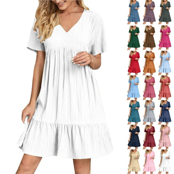 Summer Women V-Neck Short Dress Summer Fashion Solid Color Short Sleeve Above Knee Ruffle Dress Women' Size S White Loose-Fit Casual Swing Dress