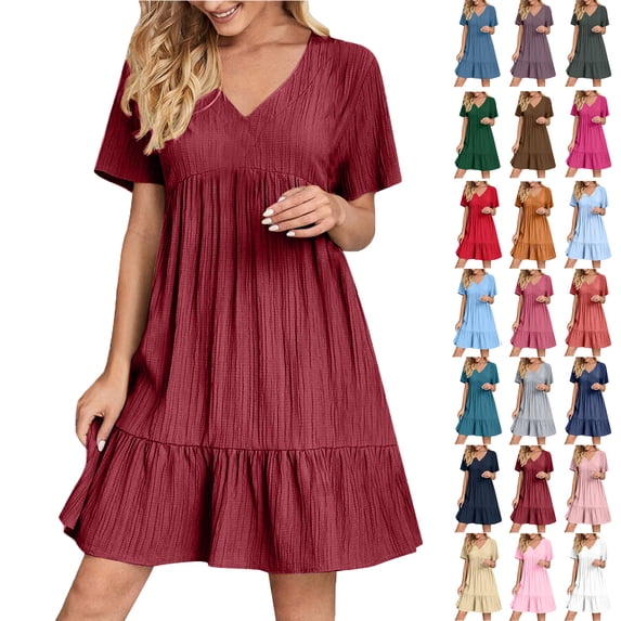 Summer Women V-Neck Short Dress Summer Fashion Solid Color Short Sleeve Above Knee Ruffle Dress Women' Size S Wine Red Loose-Fit Casual Swing Dress