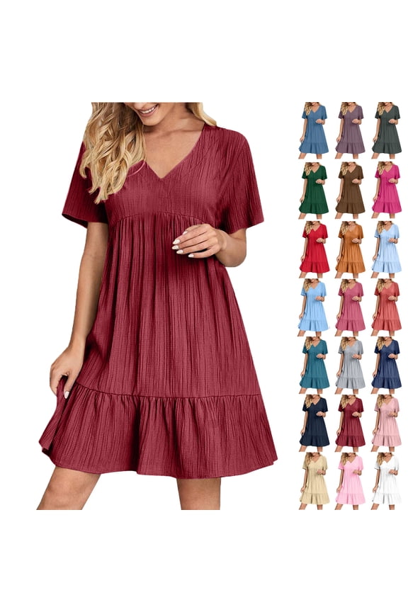 Summer Women V-Neck Short Dress Summer Fashion Solid Color Short Sleeve Above Knee Ruffle Dress Women' Size S Wine Red Loose-Fit Casual Swing Dress