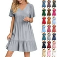 thumbnail image 1 of Summer Dresses for Women Plus Size V-Neck Short Dress Summer Fashion Solid Color Short Sleeve Above Knee Ruffle Dress Women's Loose-Fit Casual Swing Dress, 1 of 9