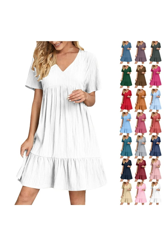 Summer Women V-Neck Short Dress Summer Fashion Solid Color Short Sleeve Above Knee Ruffle Dress Women' Size XL White Loose-Fit Casual Swing Dress