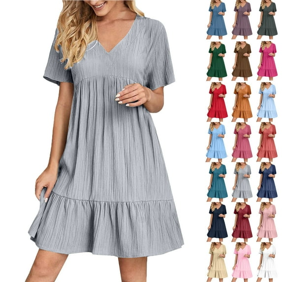 Summer Women V-Neck Short Dress Summer Fashion Solid Color Short Sleeve Above Knee Ruffle Dress Women' Size XXXL Gray Loose-Fit Casual Swing Dress