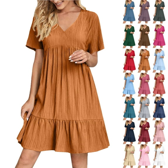 Summer Women V-Neck Short Dress Summer Fashion Solid Color Short Sleeve Above Knee Ruffle Dress Women' Size XXXL Orange Loose-Fit Casual Swing Dress