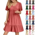 thumbnail image 1 of Summer Dresses for Women Plus Size V-Neck Short Dress Summer Fashion Solid Color Short Sleeve Above Knee Ruffle Dress Women's Loose-Fit Casual Swing Dress, 1 of 9